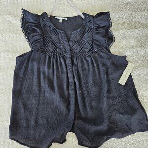 LARGE NWT Cyrus Pitch Black Flower Eyelet Design Sleeveless with Ruffles
